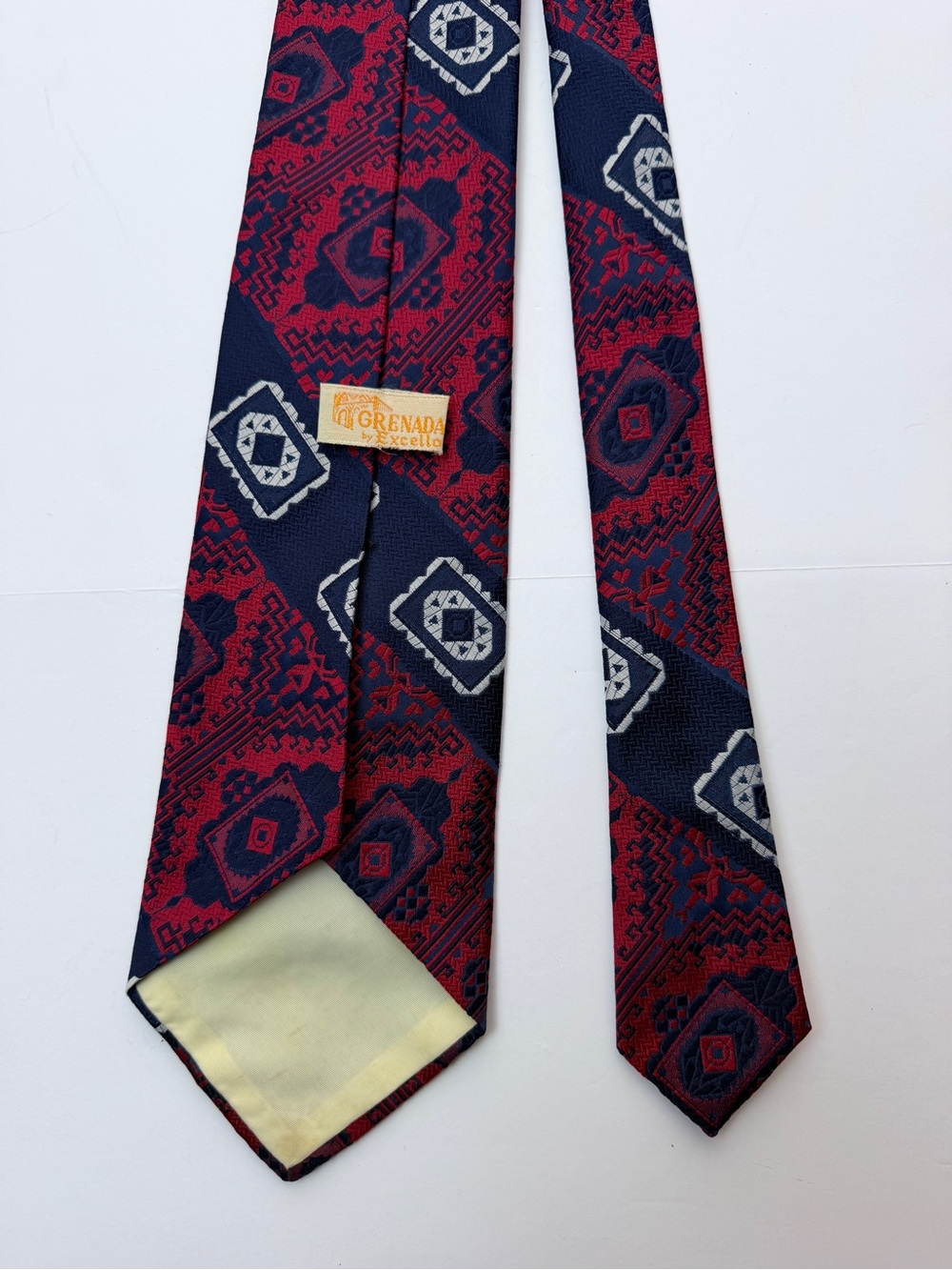 Vintage Grenada by Excello Men’s Necktie Red Navy Geometric Woven Wide Tie